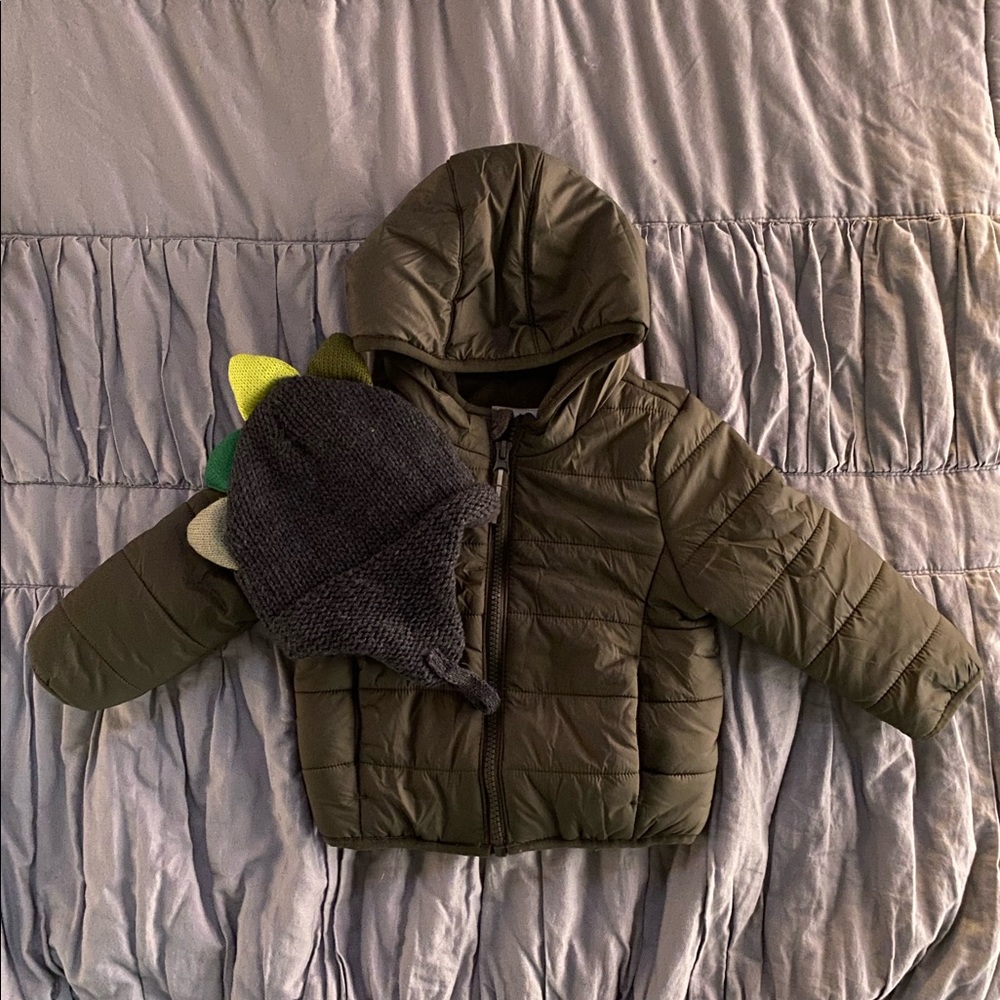 Toddler Cat & Jack Green Puffer Jacket and Grey Dinosaur Hat Size 12M